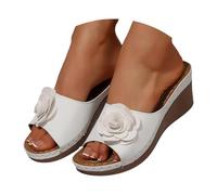 Women Extra Wide Fit Wedges White Sandals Size 6 Women's Slide Sandals With 3D Flower Decor Open Toe Platform For Casual Summer Wear White Strappy Flat Womens Sandles Size 5 (,5)