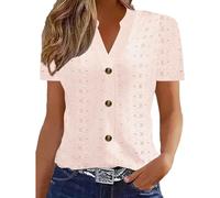 Women Eyelet Blouse Short Sleeve Tunic Tops Button Front Casual Shirts V Neck Solid Tees Shirts Embroidery Hollow Out Dressy Tops Summer Tshirts Holiday Vacation Party 01 Pink XS