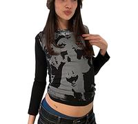 Women Face Portrait Funny Print Y2k Graphic Long Sleeves Crop Top Vintage E-Girl Harajuku Summer T-Shirt (1# Black, X-Large)