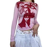 Women Face Portrait Top Y2K Graphic Long Sleeves Round Neck Vintage Aesthetic T-Shirt E-Girl Harajuku Summer Shirt (A-Pink, X-Large)