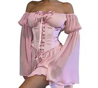 Women Fairy Bustier Corset Top Dress Gothic Renaissance Lolita Off Shoulder Bell Sleeve Y2k Mini Dress (A-b-Pink, S)