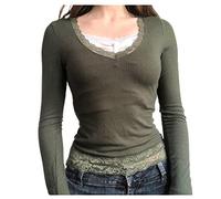 Women Fairy Grunge Long Sleeve Top Vintage Lace Patchwork Ribbed T-Shirt Aesthetic V Neck 90s Harajuku Tees