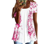 Women Fake Two-Piece Blouses UK Clearance Floral Printed Short Sleeves Crew Neck Shirts Summer Loose Pleated Ruffled Cardigan 2-in-1 Casual Tunic Tee Lining Patchwork Flowy Tops Plus Size 22 Hot Pink