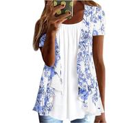 Women Fake Two-Piece Blouses UK Clearance Floral Printed Short Sleeves Crew Neck Shirts Summer Loose Pleated Ruffled Cardigan 2-in-1 Casual Tunic Tee Lining Patchwork Flowy Tops Plus Size 22 Blue