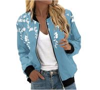 Women Fall Bomber Jackets Casual Baseball Collar Zip Up Coats Outerwear Casual Lightweight Flight Jackets Outwear Floral Print Sport Jacket with Pocket Ladies Windbreaker Zip Jacket with Ribbed Cuffs