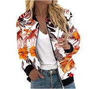 Women Fall Bomber Jackets Casual Baseball Collar Zip Up Coats Outerwear Casual Lightweight Flight Jackets Outwear Floral Print Sport Jacket with Pocket Ladies Windbreaker Zip Jacket with Ribbed Cuffs