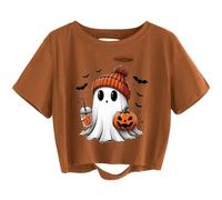 Women Fall Halloween Graphic Distressed Crop Shirt Funny Ghost Pumpkin Printed Short Sleeve Tee Family Matching Top, 01-brown3-ghost, XL