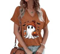 Women Fall T-Shirt V Neck Halloween Pumpkin Shirts Cute Autumn Thanksgiving Graphic Tee Tops, Ghost/Brown, S
