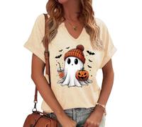 Women Fall T-Shirt V Neck Halloween Pumpkin Shirts Cute Autumn Thanksgiving Graphic Tee Tops, Ghost/Beige, S