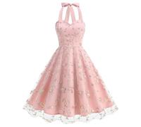 Women Fancy Dresses Mesh Lace Floral Vintage Tie Halter Neck Dress Audrey Hepburn 50's 60's Evening Party Dance Gown Retro Swing Princess Tea Dress Party A-line Cocktail Dress Pink