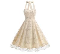 Women Fancy Dresses Mesh Lace Floral Vintage Tie Halter Neck Dress Audrey Hepburn 50's 60's Evening Party Dance Gown Retro Swing Princess Tea Dress Party A-line Cocktail Dress Beige