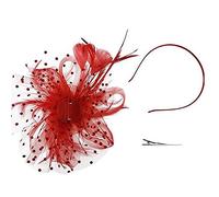 Women Fascinator Hat Feather Mesh Net Veils Party Hat Hats Flower Derbys Hat with Clip and Hairband for Party Wedding Kentuckys Races (Red, One Size)