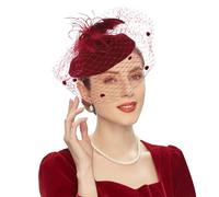 Women Fascinator Hat with Mesh Veil Feathers Flower Headband Tea Party Hair Clip Vintage Elegant Ladies Headwear for Church Cocktail Wedding (UK, Alpha, One Size, Wine Red)