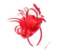 Women Fascinators Hats For Weddings Vintage Elegant Feather Fascinator Wedding Pillbox Hat Headband Ribbon Feathers Hairclips Hair Fascinator Headwear For Wedding Cocktail Tea Birthday (Red, One Size)