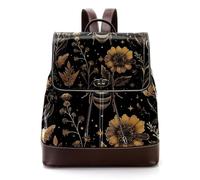 Women Fashion Backpack Bee Plants Flowers Phases of the Moon Stars Pattern Soft Faux Leather Flap Shoulder Bag College School Travel Bag