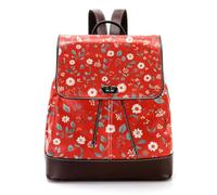 Women Fashion Backpack Minimalist White Ditsy Flowers and Leaves on Red Background Soft Faux Leather Flap Shoulder Bag College School Travel Bag
