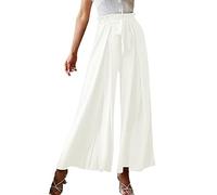 Women Fashion Bow Loose High Waist Pleated Wide Leg Pants Belted Pants Womens Pants Casual Trouser Paper Bag Pants Elastic White