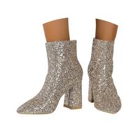 Women Fashion British Style Solid Color Sequin Decoration Thick Heel Zipper Short Boots, gold, 8.5 UK