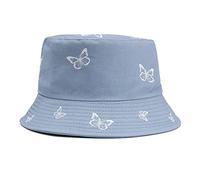Women Fashion Bucket Hats Butterfly Pattern Embroidered Packable Fisherman Hat Fishing Travel Beach Sun Hat Blue