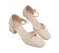 Women Fashion Buckle Strap Pearl Square Heel Shoes Lady Leisure Elegant Office Career Pumps(Color 11,35)