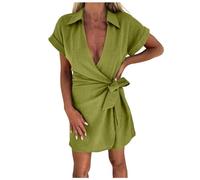 Women Fashion Linen Jumpsuits Solid Color Short Sleeve Elegant V Neck Playsuit Short Rompers Waist Tie Jumpsuit Dress Going Out Overalls Shorts for Women UK Holiday Mini Playsuit Office Work (AG, L)