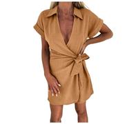 Women Fashion Linen Jumpsuits Solid Color Short Sleeve Elegant V Neck Playsuit Short Rompers Waist Tie Jumpsuit Dress Going Out Overalls Shorts for Women UK Holiday Mini Playsuit Office (Coffee, S)