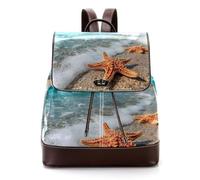 Women Fashion Purse Backpack, Starfish Relaxing on the Beach Summer Background Faux Leather Rucksack Shoulder Bag for Teen Girls