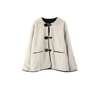 Women Fashion Solid Lambswool Horn Button Coat Loose O Neck Single-breasted Warm Top Winter Lady Elegant Duffle Jacket (Color : Cherry, Size : S)