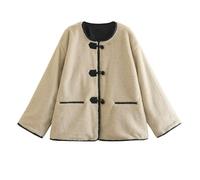 Women Fashion Solid Lambswool Horn Button Coat Loose O Neck Single-breasted Warm Top Winter Lady Elegant Duffle Jacket (Color : Beige, Size : S)