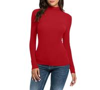 Women Fashion Solid Long Sleeve Mock Turtleneck Blouse Tops Slim Fit Stretchy Layer Tee Shirts Fleece Lined Shirt for Women Long Mens Red
