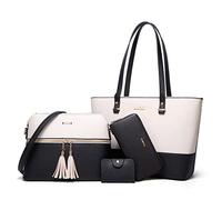 Women Fashion Synthetic Leather Handbags Tote Bag Shoulder Bag Top Handle Satchel Purse Set 4pcs, Black, Beige, L