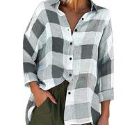 Women Fashion Tops Loose Plaid Print Button Long Sleeve T Shirts Lapel Neck Plus Size Linen Blouse Classic Lightweight Plus Size Going Out Tops Ladies Clothes Sale Clearance Grey