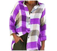 Women Fashion Tops Loose Plaid Print Button Long Sleeve T Shirts Lapel Neck Plus Size Linen Blouse Classic Lightweight Plus Size Going Out Tops Deals of The Day Lightning Deals Purple