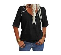 Women Fashion V-Neck Half Sleeves Oversized T Shirt Solid Casual Loose Basic Tops