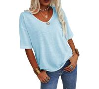 Women Fashion V-Neck Half Sleeves Oversized T Shirt Solid Casual Loose Basic Tops