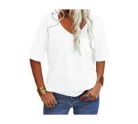 Women Fashion V-Neck Half Sleeves Oversized T Shirt Solid Casual Loose Basic Tops