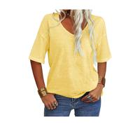 Women Fashion V-Neck Half Sleeves Oversized T Shirt Solid Casual Loose Basic Tops