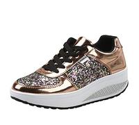 Women Fashion Wedge Trainers Glitter Sneakers Faux Leather Platform Shoes Rocker Sole Walking Shoes Lace Up Fitness Shoes Gold 7 UK