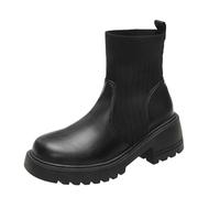 Women Fashion Winter Knit Ankle Boots Elastic Collar Slip On Round Toe Flat Booties Comfortable Casual Leather Upper Durable Sole Pure Color Design (Black, 6.5)