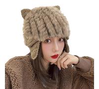 Women Faux Fur Knitted Earflaps Cap Cute Cat Ear Plush Thermal Trapper Hat with Buttons Winter Fluffy Fashion Warm Cap for Outdoor Brown
