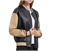 Women Faux Leather Sport Jacket Clearance Ladies Color-block Coat Teen Girls Stand Collar Uniform Loose Jackets Teen Girls Long Sleeves Button Casual Coats Moto Biker Shirts Blazer Warm Overcoat