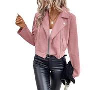 Women Faux Suede Jacket Moto Biker Short Slim Fit Lapel Asymmetrical Zip Long Sleeve Warm Classic Casual Winter Ladies Motorcycle Outwear Pink, M