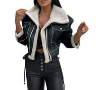 Women Faux Suede Leather Jacket Motorcycle Biker Sherpa-Lined Coat Collar Winter Aviator Bomber Women's Lapel Punk Cropped Sherpa Fleece Shearling Black