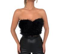 Women Feather Crop Tops Fluffy Faux Fur Strapless Sleeveless Tube Top Camisole for Party Festival Club (Black, Small)