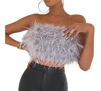 Women Feather Crop Tops Fluffy Faux Fur Strapless Sleeveless Tube Top Camisole for Party Festival Club (Gray, S)