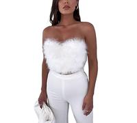 Women Feather Crop Tops Fluffy Faux Fur Strapless Sleeveless Tube Top Camisole for Party Festival Club (White, X-Large)