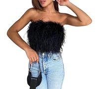 Women Feather Crop Tops Fluffy Faux Fur Strapless Sleeveless Tube Top Camisole for Party Festival Club (Black#1, M)
