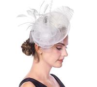 Women Feather Fascinator Hat Flower Pillbox Hat Wedding Bridal Headdress Headpieces Race Ascot Hats Burlesque Flapper Hair Accessory for Costume Party Evening Cocktail Prom Hen Party Church White