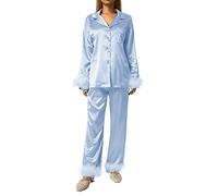 Women Feather Trim Pajamas Set Long Sleeve Button-Down Lapel Collar Tops + Pants Sleepwear Set Silk Satin Loungewear (Lake blue, S)