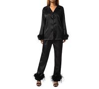 Women Feather Trim Pajamas Set Long Sleeve Button-Down Lapel Collar Tops + Pants Sleepwear Set Silk Satin Loungewear (Black, S)